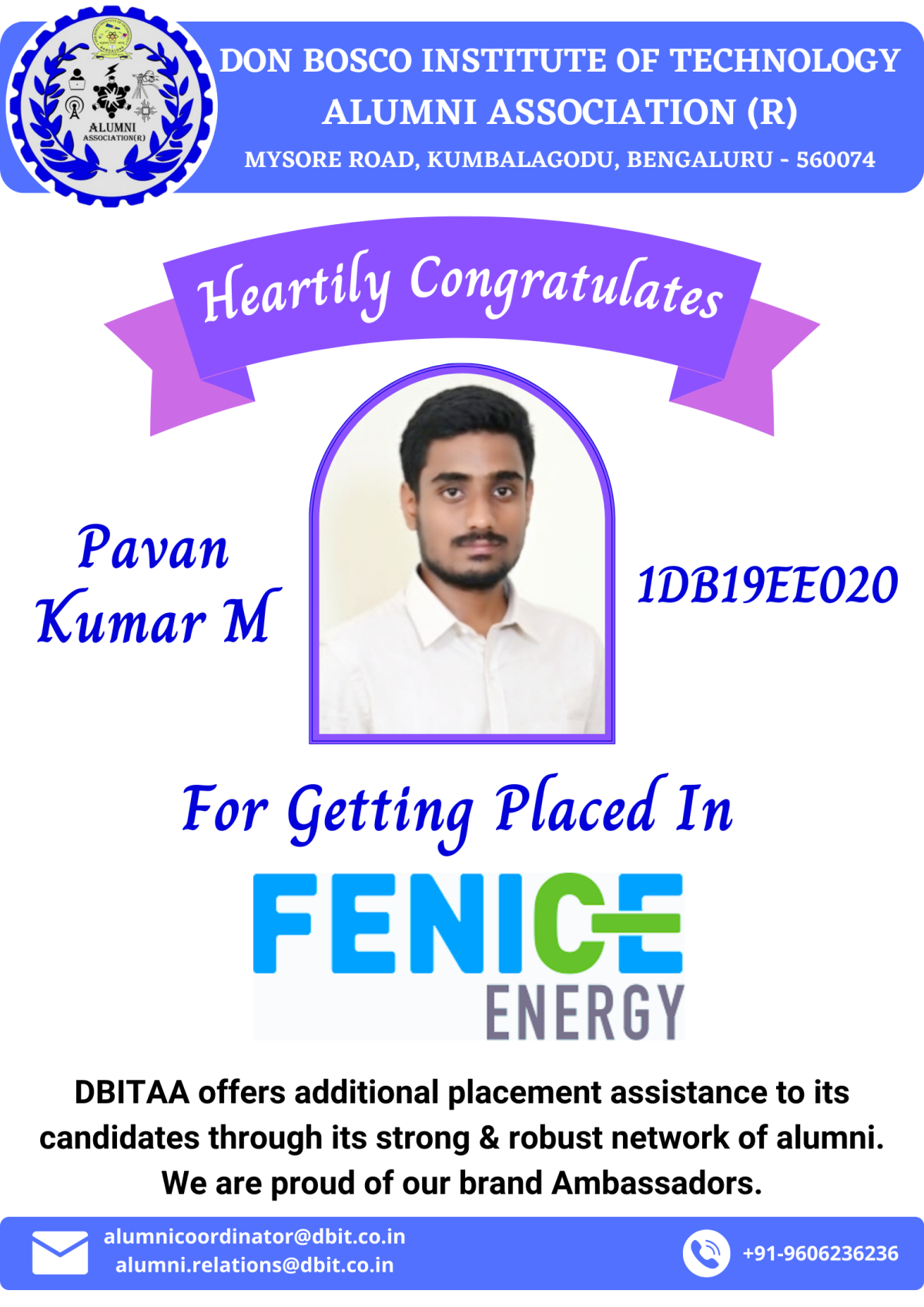 Pavan Kumar M (EEE, 2023 Batch) - Placed in FENICE ENERGY